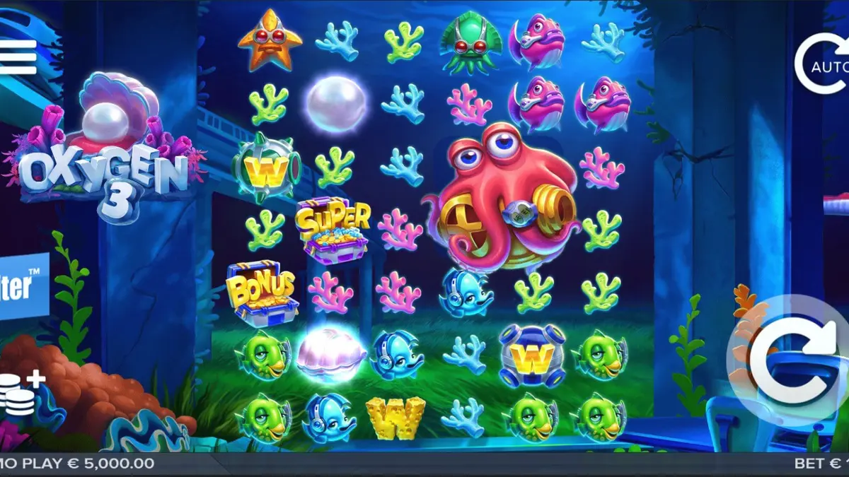 Visual futuristik bawah laut dalam slot Oxygen 3 dengan simbol ikan dan reruntuhan kota.