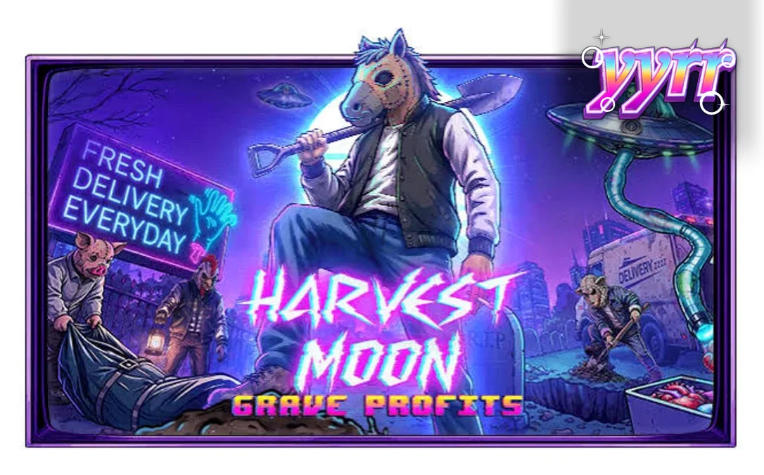 Tampilan visual slot Harvest Moon Grave Profits dengan tema horor fiksi ilmiah yang gelap.